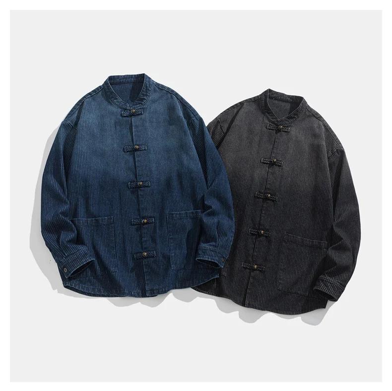 Autumn Men Chinese Style Tang Suit Shirt Men Washed Denim Shirts Male Traditional Kung Fu Tai Chi Denim Jacket Men Cotton Coats