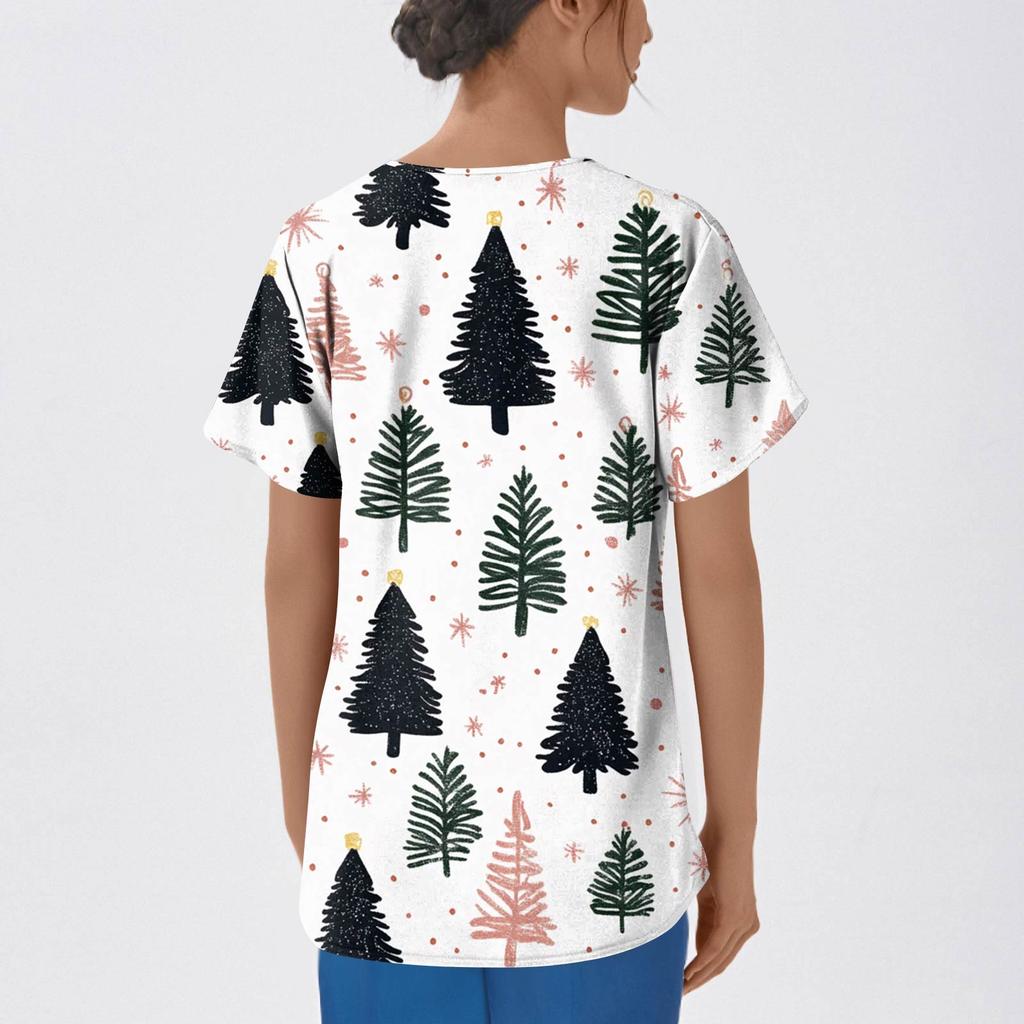 Women's Fashion Printed Short Sleeve V Neck Pattern Tops Pocket Working T-shirts