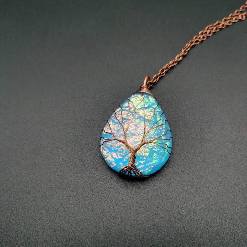 Vintage Handmade Copper Wire Winding Water Drop Tree Of Life Color-Changing Corrugated Resin Necklace Pendant Exquisite N516
