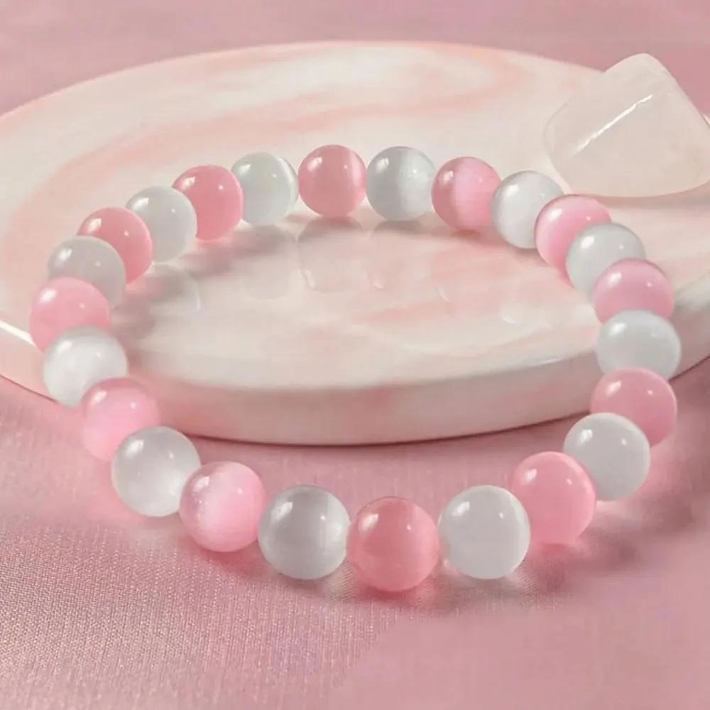 

1 шт. Елегантний та милий рожево-білий браслет з намистин 8 мм «Котяче око», регульований для жінок, повсякденний аксесуар, ідеальний подарунок 18cm