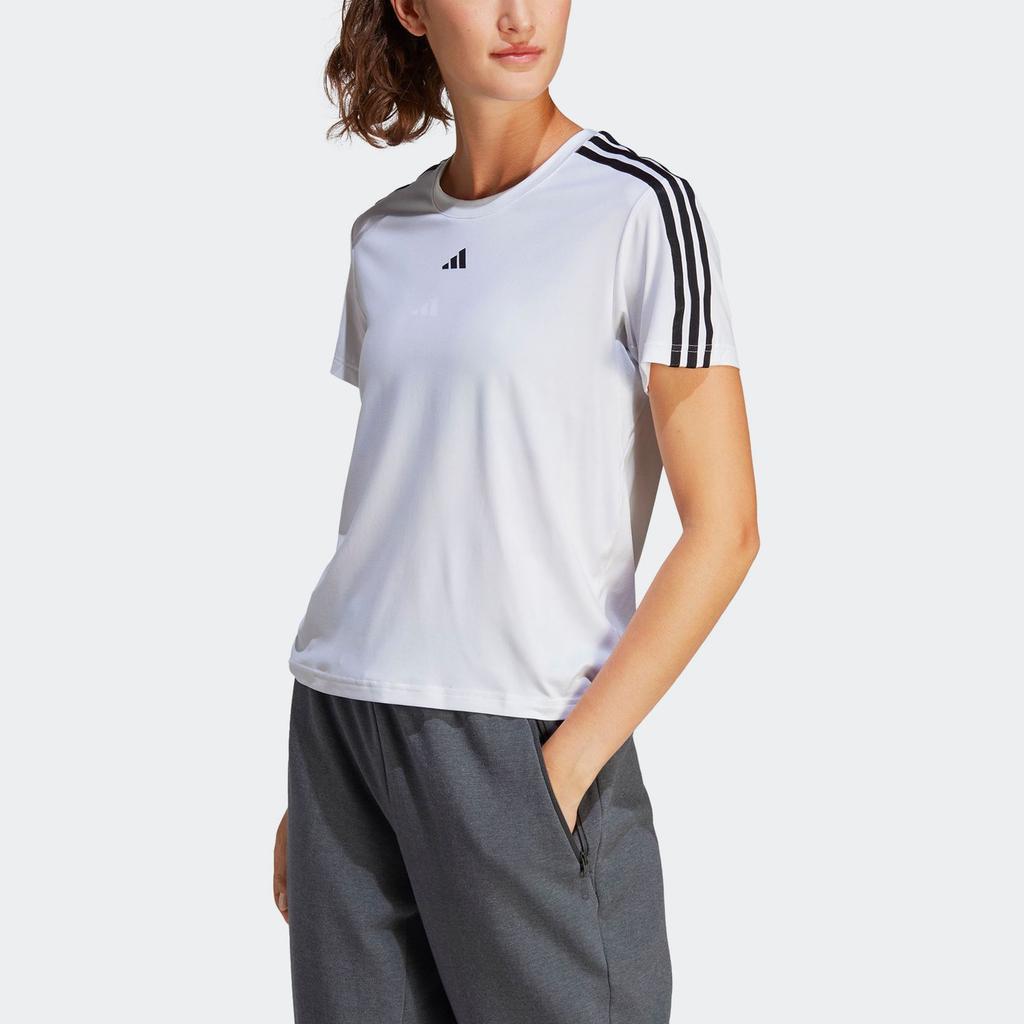 Adidas Contrast Logo Print Stripe Shoulder Crew Neck T-Shirt Women Tops White IC5040