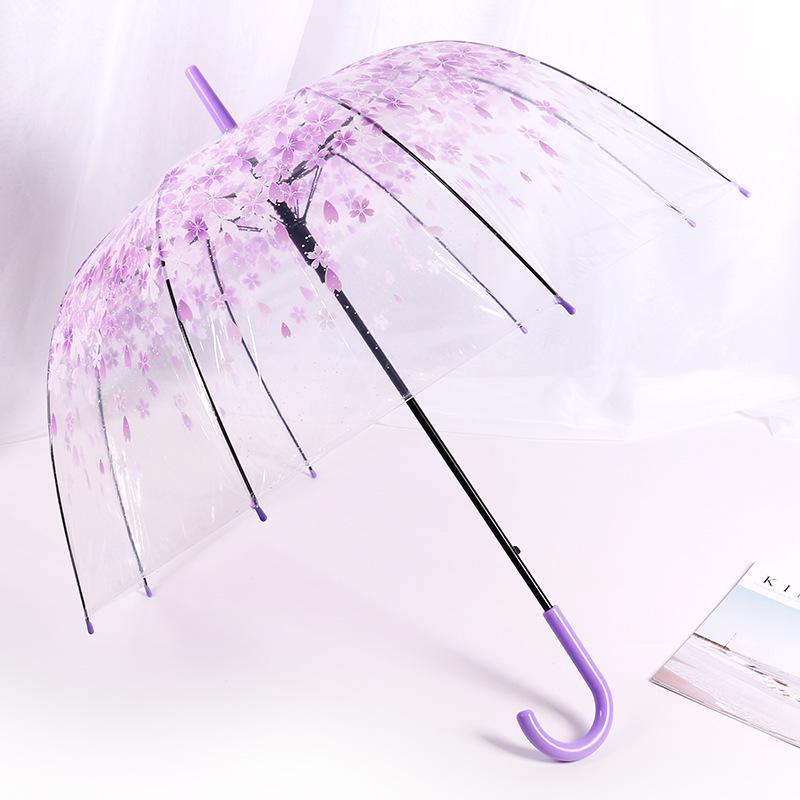 Japonský lesní styl průhledný deštník s třešňovými květy s klenutou dlouhou rukojetí pro studenty