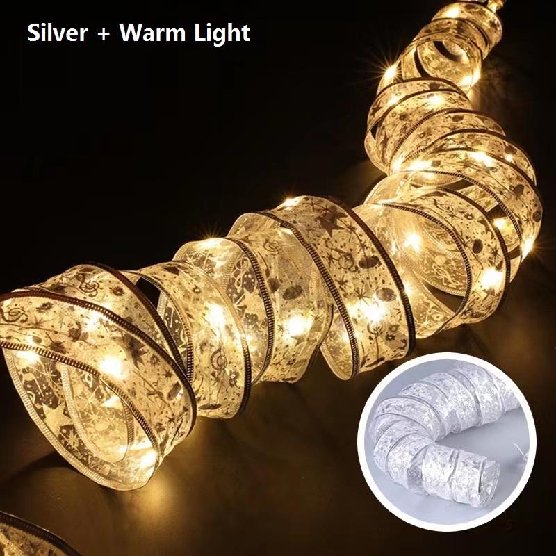 10M Christmas Light String Ribbon for Christmas Tree Decoration Double Layer Gold Stamping Luminous Ribbon Lamp Lace DIY Led Lights