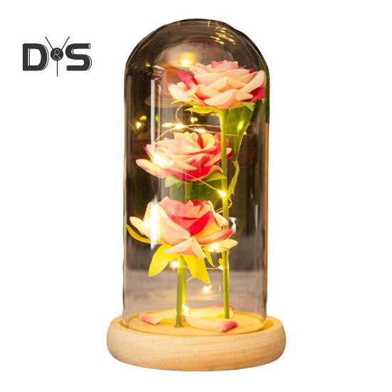 Konserverad ros i glaskupa LED-ljus Evig blomma Romantisk Evighetsros Gåva för kvinnor Alla hjärtans dag Mors dag