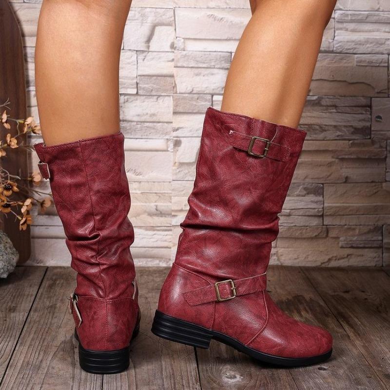 Block Heel Single Boots Autumn Women's New Round Toe Sleeve Metal Buckle Anti-slip Wear-resistant Mid-tube Boots