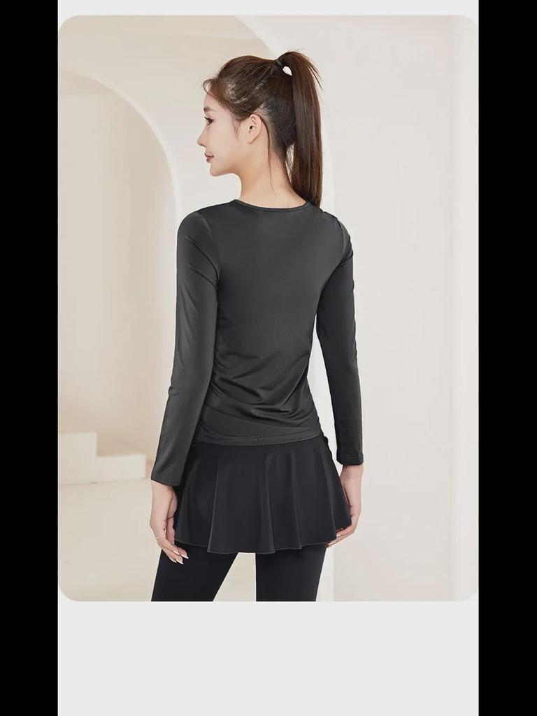 Two-Piece Women's Yoga Skirt Set: Long Sleeve Sports Top for Running, Fitness, and Pilates