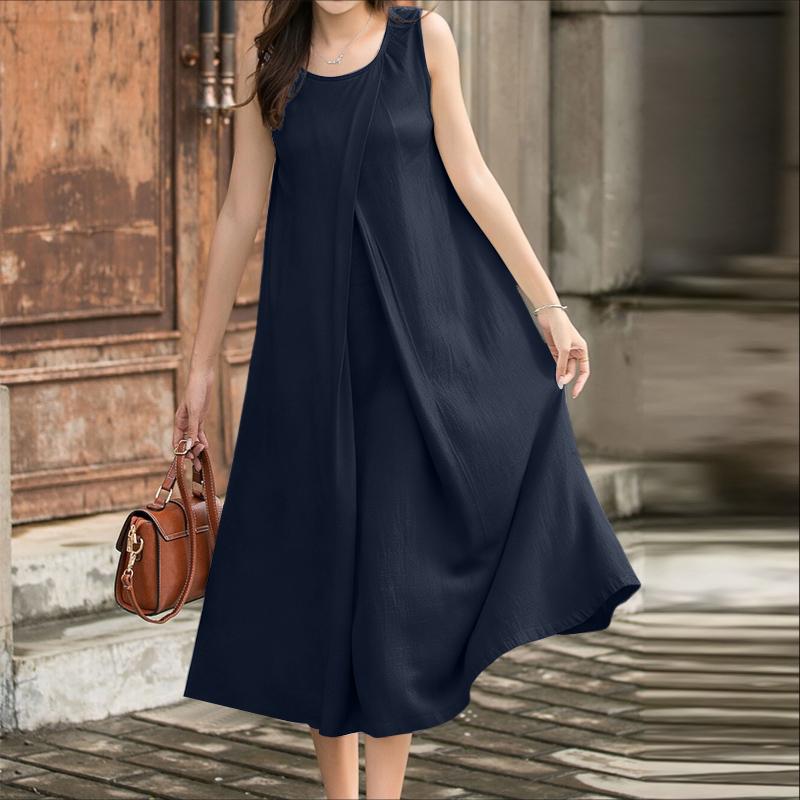 

ZANZEA Женское летнее повседневное платье без рукавов с круглым вырезом 5XL темно-синий