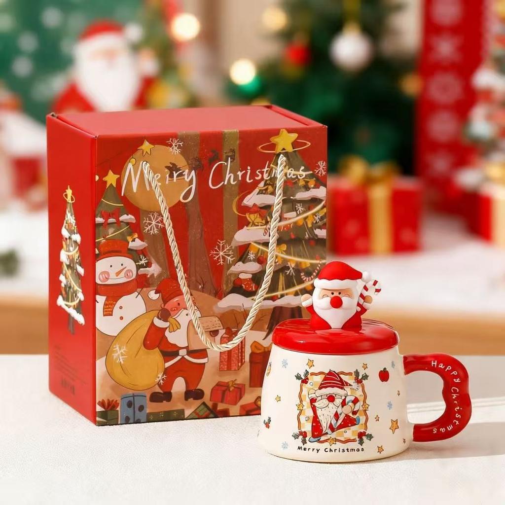 New Christmas Ceramic Cup with Lid Gift Box Cartoon Mug Cute Gingerbread Man Water Cup Set