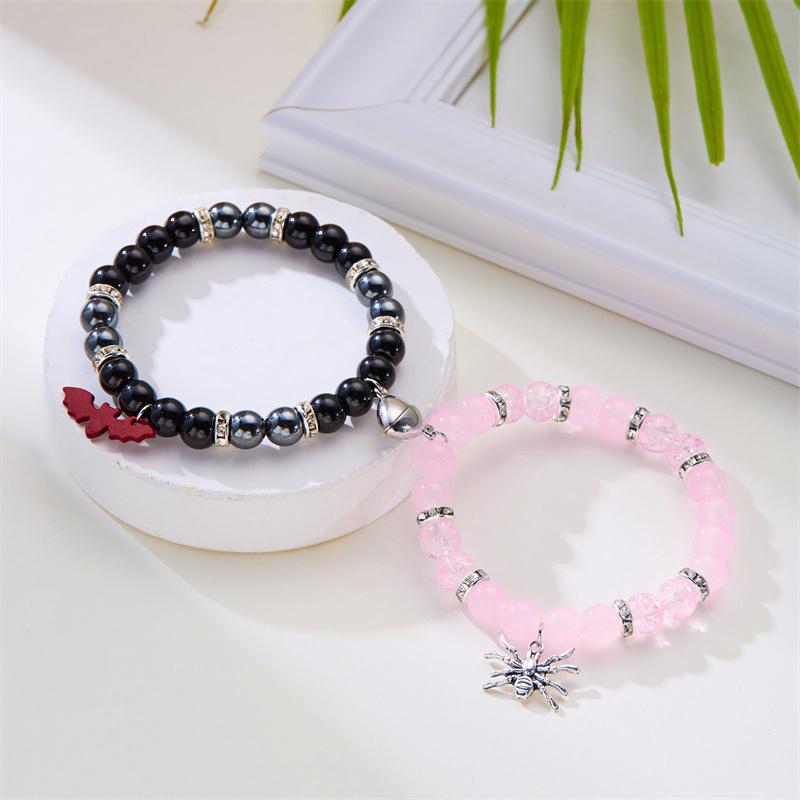 2Pcs/set Halloween Spider Bat Couple Bracelets For Women Men Heart Magnetic Matching Bangle Stone Crystal Beads Bracelet Jewelry