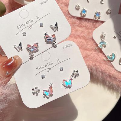 6Pcs/Set Women Colorful  Pentagram Star Moon Butterfly Stud Earring Trendy Punk Sweet Cool Earrings Aesthetic Jewelry