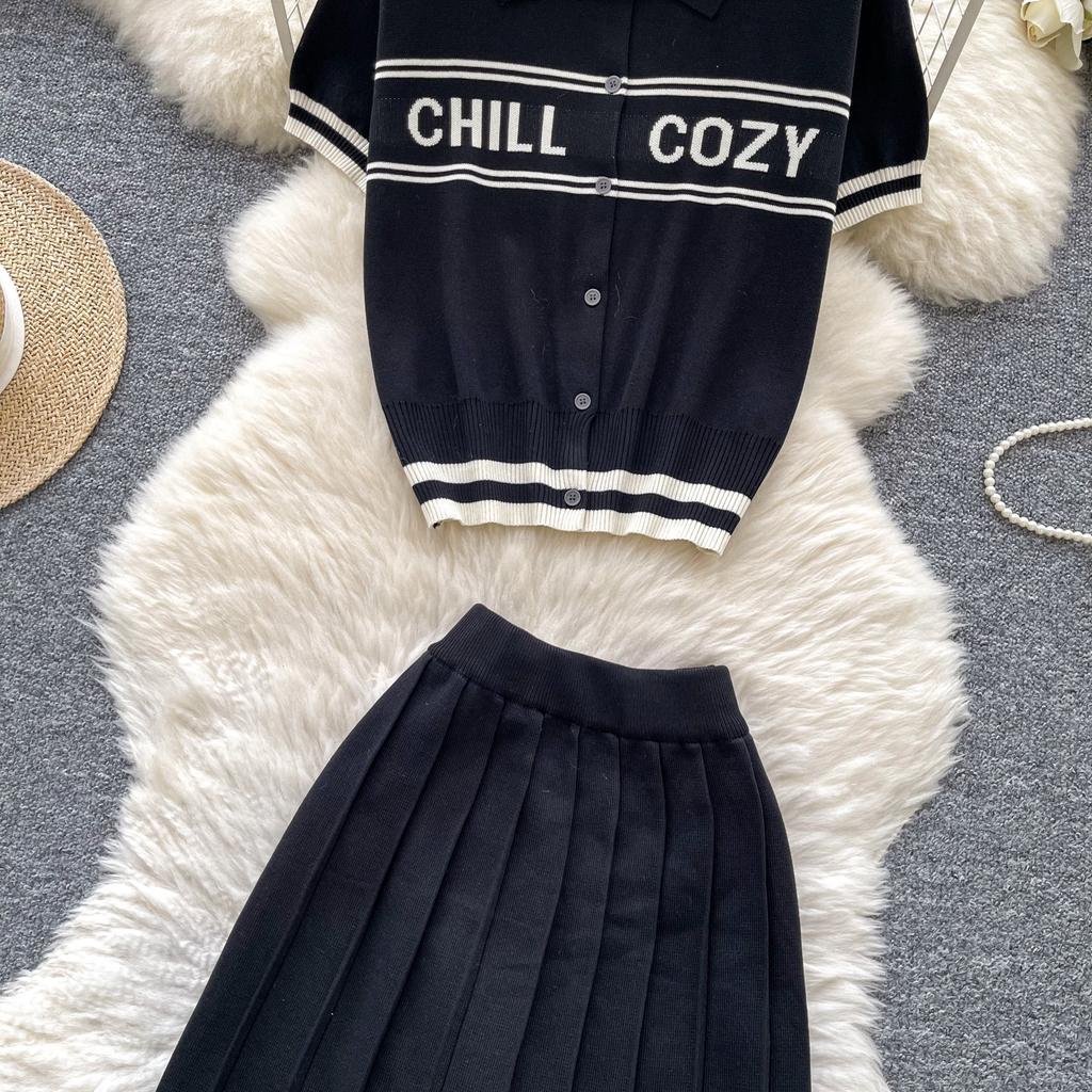 Summer Women Knitted Sweater College Letter Two Piece Set Fashion Girl Single Breasted Cardigan Top and Mini Pleated Skirt Suit