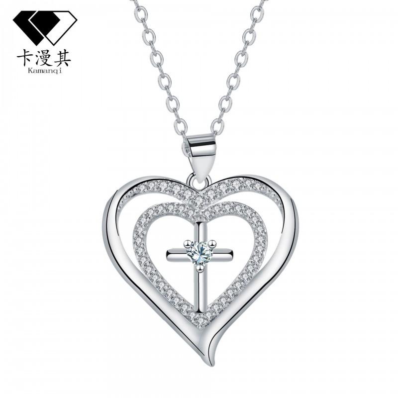 Womens Heart Shape Cross Pendant Necklace Tone Copper Chain Choker Style Vintage Jewelry Silver