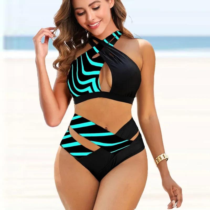 New Trend Low Waist Bikini Women's Fashion Backless Halter Swimsuit Floral Print Swimsuit Women's Tankini Set S-5XL