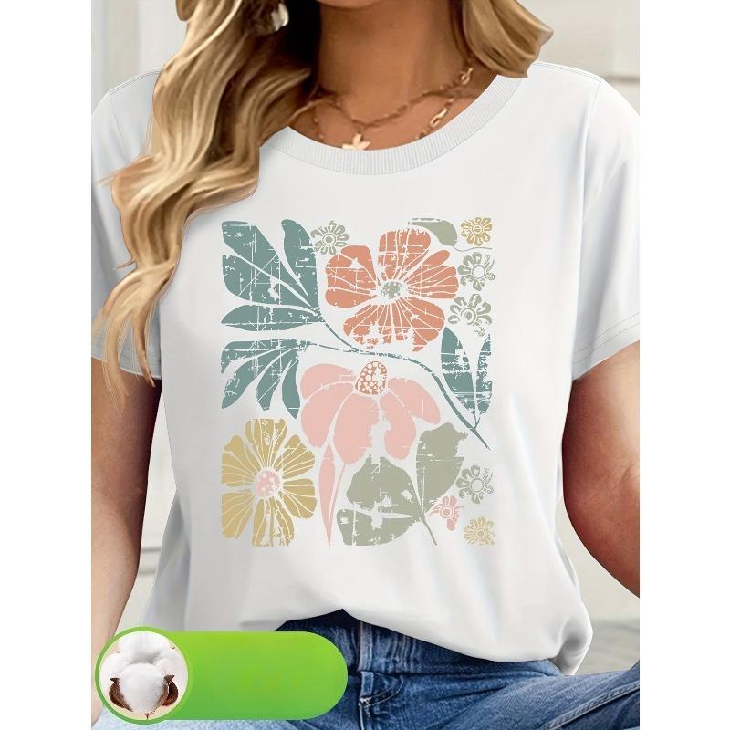 Womens Casual Tee 100% Pattern Print Round Neck Short Sleeve Summer New Arrival Top