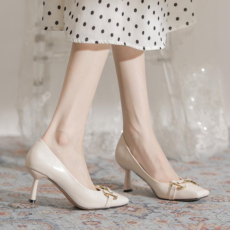 3396-1 Foreign Style Fashionable High Heels Niche Design Sense Metal Buckle Thin Heel Square Head Patent Leather Elegant Temperament Single Shoes