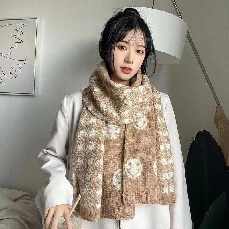Smiley Face Scarf Female Winter Cute Girl Korean Version Versatile Ins Tide Student Knitted Wool Warm Plaid