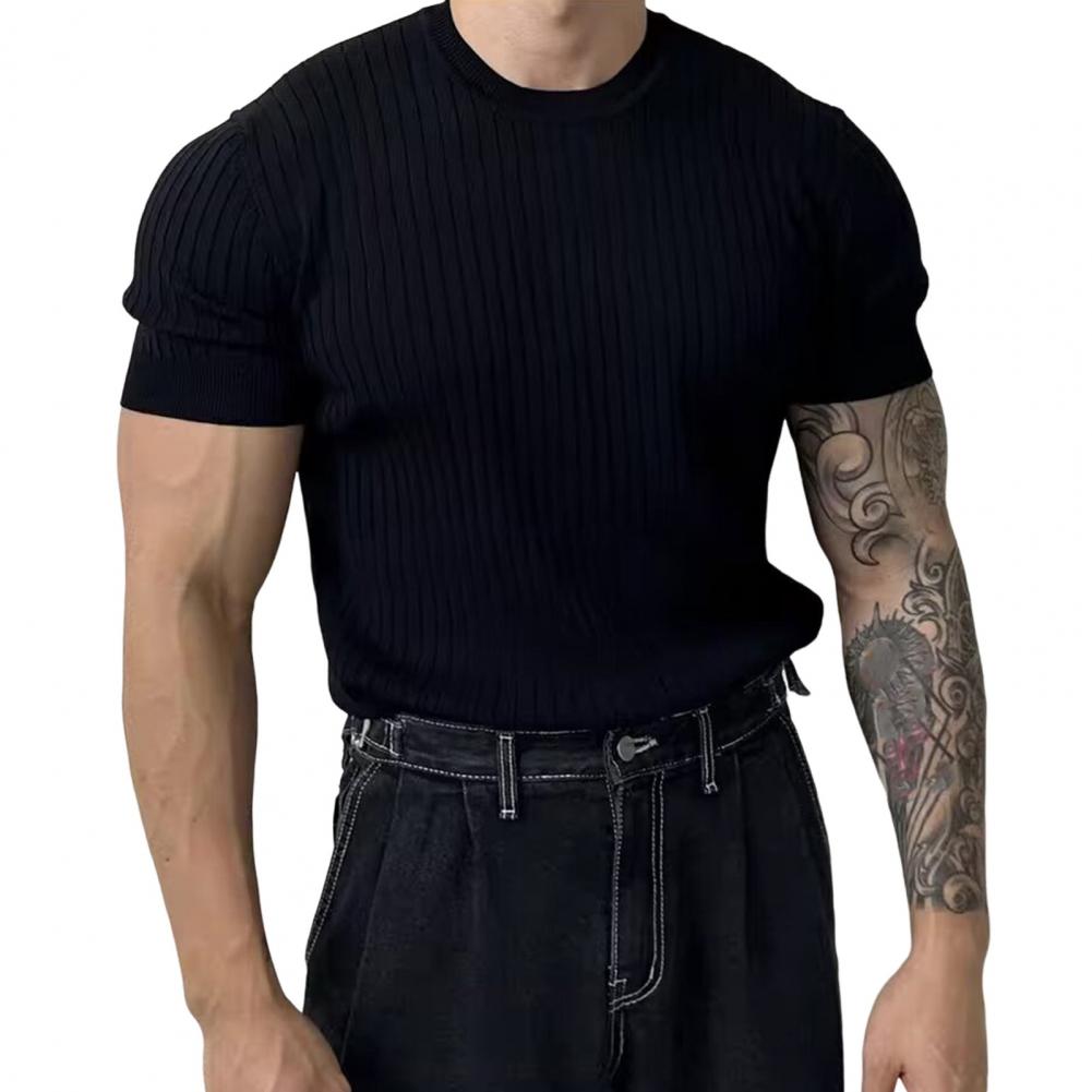 Men Summer Sport T-shirt Knitted Thread Elastic O Neck Slim Fit Solid Color Short Sleeves Pullover Workout Gym Training Top