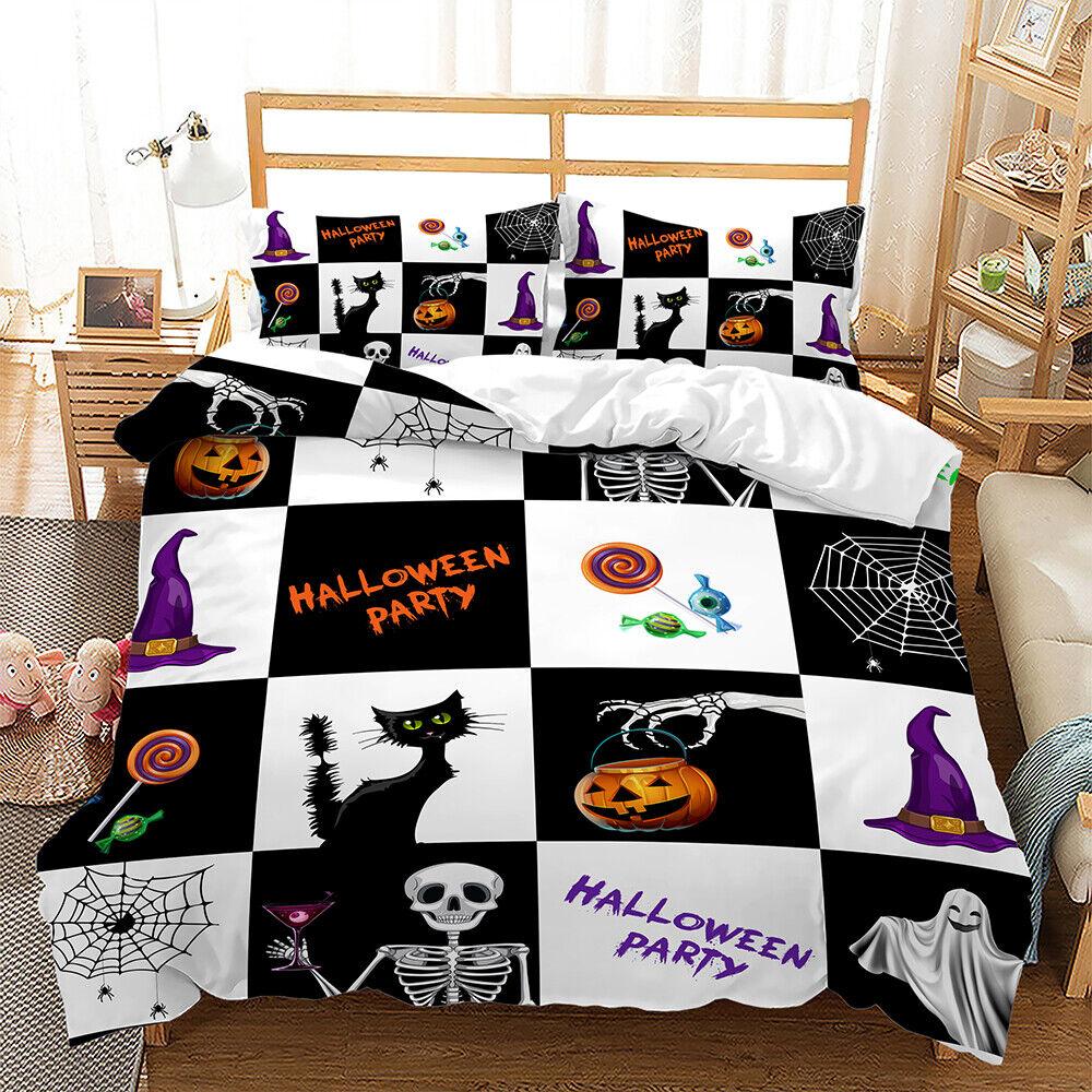Pumpkin Lantern Halloween Ghost Witch Black Cat Doona Duvet Quilt Cover Bed Set