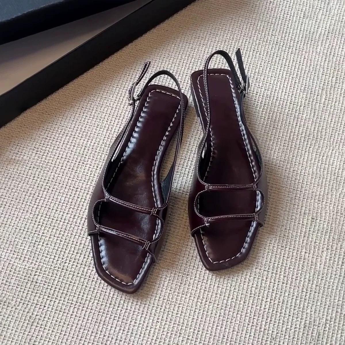 

Cowhide version~ Simple style niche flat-bottomed open-toed one-word sandals women s 2025 summer square-headed Roman cool slippers 40 коричневий