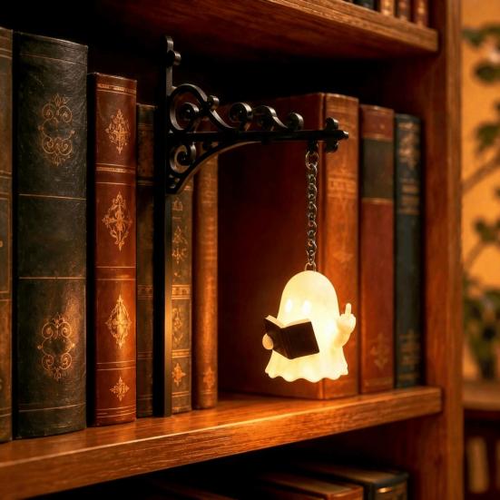Retro Reading Corner Lamp Library Lantern Bookshelf Lamp, Vintage Metal LED Nightlight for Book Nook Decor, Gothic Home Decor Ghost Book/Wearing