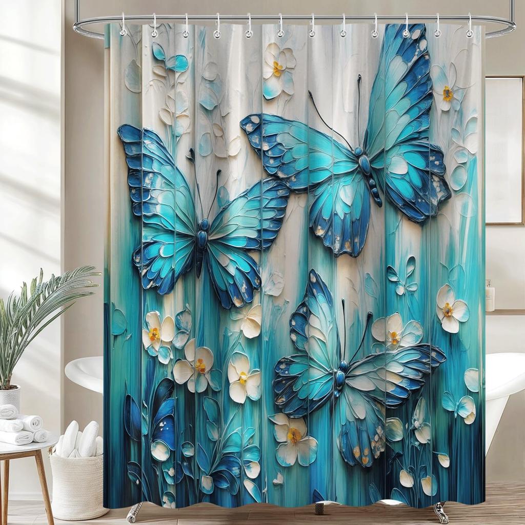 Blue And Green Butterfly Shower Curtain, Retro Colorful Fun Floral Aesthetic Shower Curtain Set Washable Waterproof Fabric
