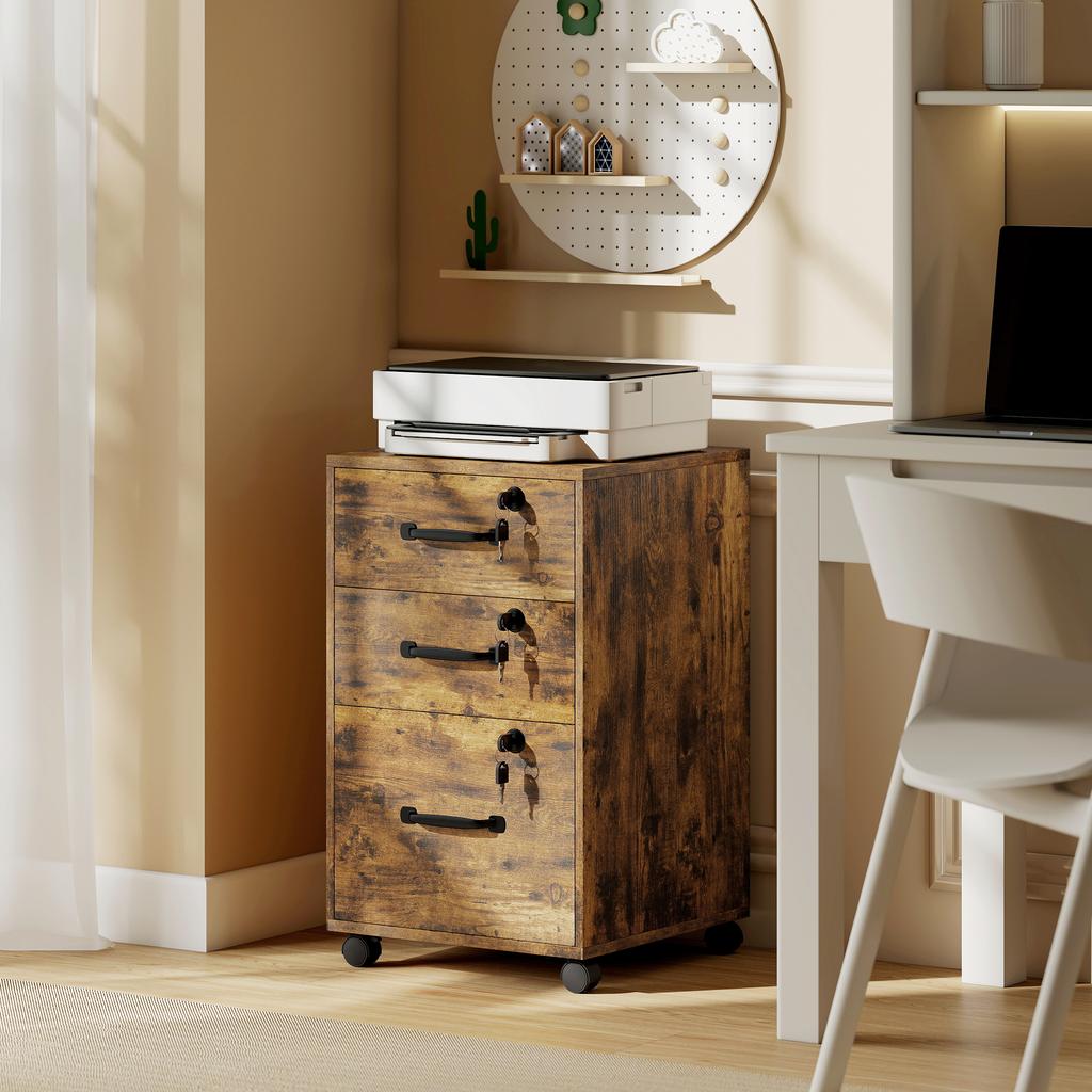 Three Drawer Wood-Effect Filing Cabinet - Rustic Brown