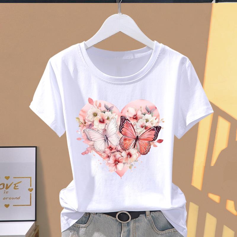 (Asian Size) watercolor flower cute Casual T Short Sleeve T-shirts Women's Top Print O-neck Fashion Female Clothing Graphic Tee