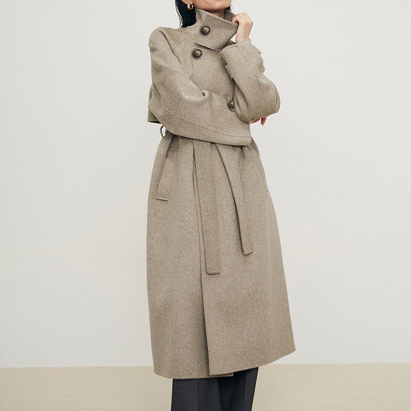 Black woolen coat women's new winter thickened lace-up long woolen coat