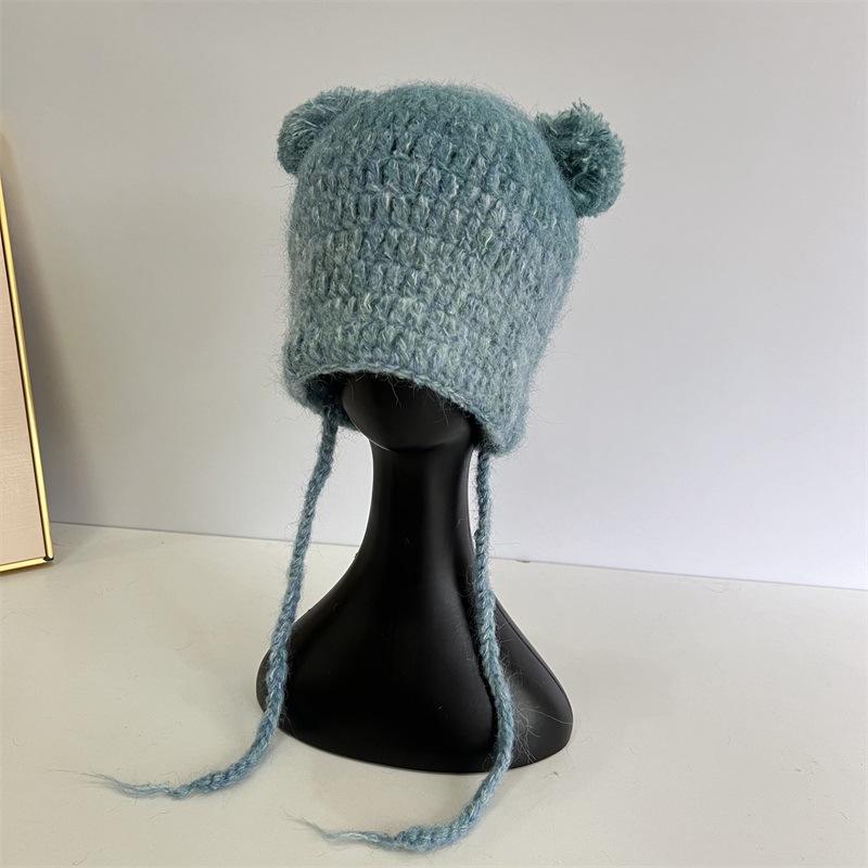 

Gradual change mixed color knitted wool hat women s autumn and winter warm ear protection hat cute age reduction cute girl Lei Feng hat tide M（56-58cm） синий