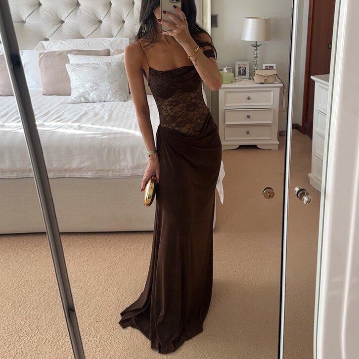 European Summer 2025 Sexy Spaghetti Strap Lace Patchwork Long Dress for Women