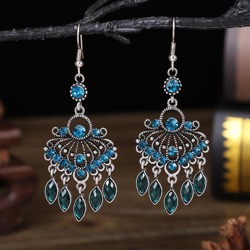 Ethnic Boho Vintage Drop Earrings For Women Geometric Hollow Crystal Blue Red Green Black Dangle Bohemian Wedding Earings Bijoux