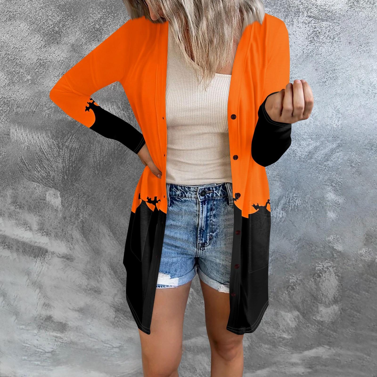 

Женский повседневный кардиган, топ с длинными рукавами и карманами с принтом на Хэллоуин M шафрановый