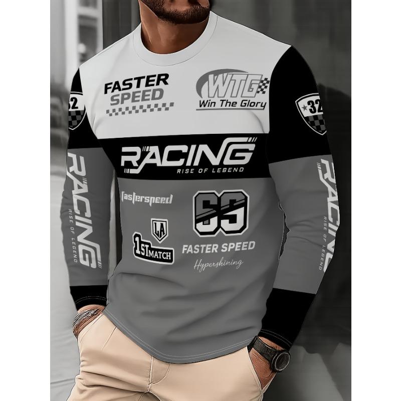 Men's Crew Neck Long Sleeve T-Shirt with Trendy Racing Element Print and Letter Graphic for Casual Wear, PLUS SIZE