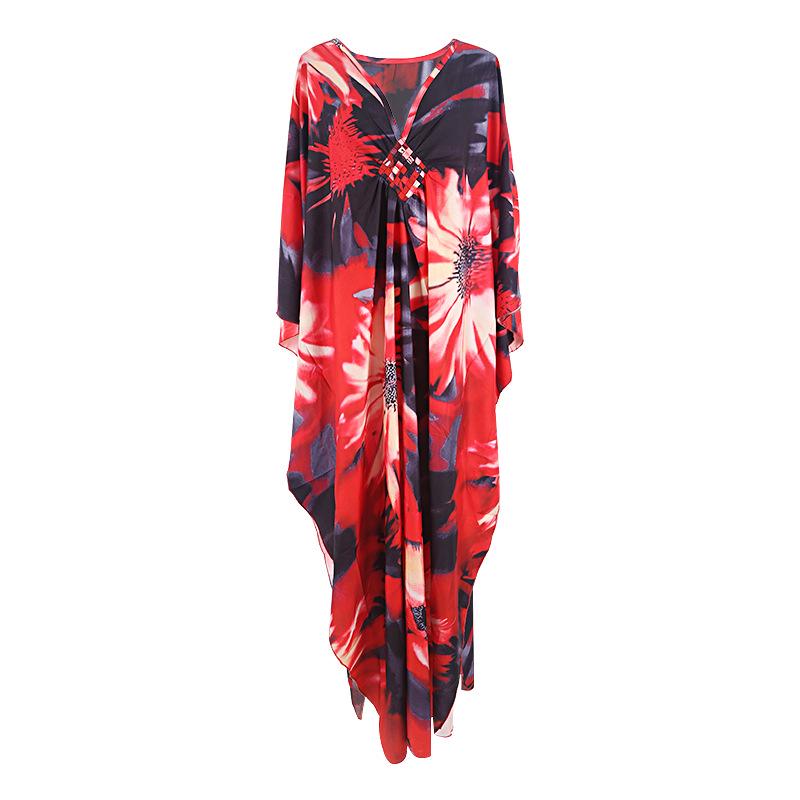 Handgemachter schwarzer & roter floraler langer Strand-Überwurf-Kimono für Damen