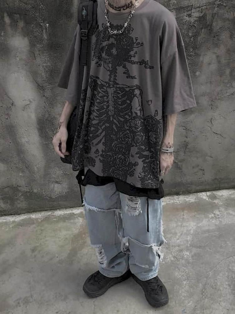 Pánske tričká Letné Streetwear High Street Gothic Skull Tričko Voľné Oversized Tričko s krátkym rukávom Tmavé Anime Pánske Y2k Top