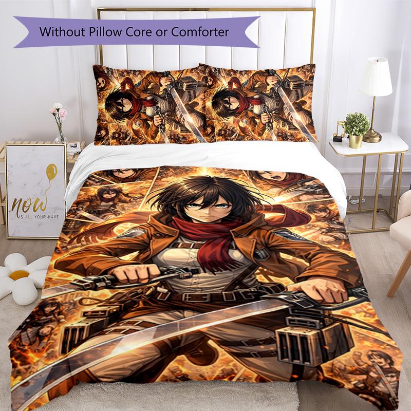 Eren & Mikasa 3pcs Bedding Set Duvet Cover Closure Includes 1 Duvet Cover & 2 Pillowcases for All Seasons Bedroom Home Dorm Decor