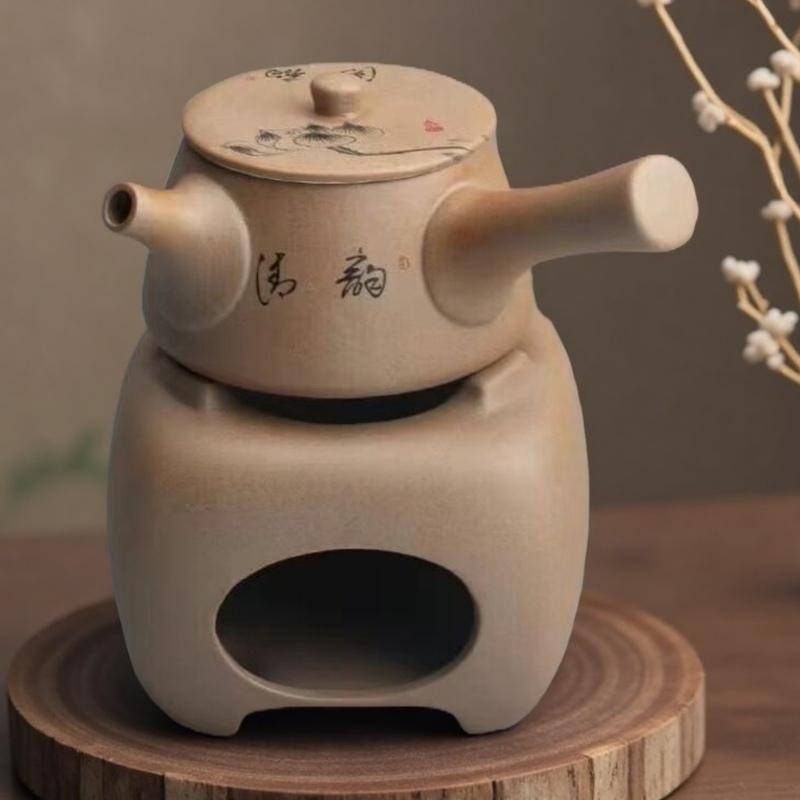 2 in 1 Coarse Pottery Tea Warmer Set Imitation of Black Gold Stone Candle Heating Incense Burner with 180ml Tea Side Handle Pot
