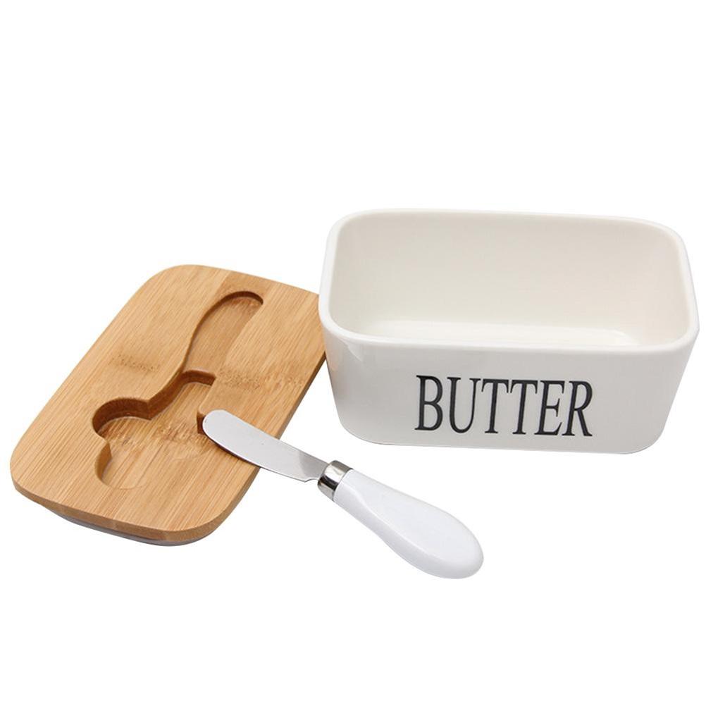 Butter Sealing Box Ceramic Butter Plate Wooden Lid and Cutter Cheese Storage Tray Butter Dish Container Box