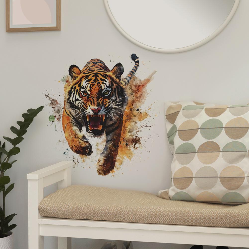 Realistic Hunting Tiger Predator Wall Sticker Wild Fierce Self-Adhesive Wall Art for Bedroom Living Room Man Cave Background Decor
