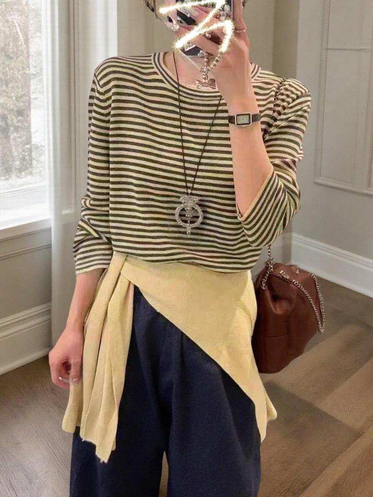 Autumn 2025 Women's Japanese-Korean Color Block Striped Knit Cardigan Two-Piece Set