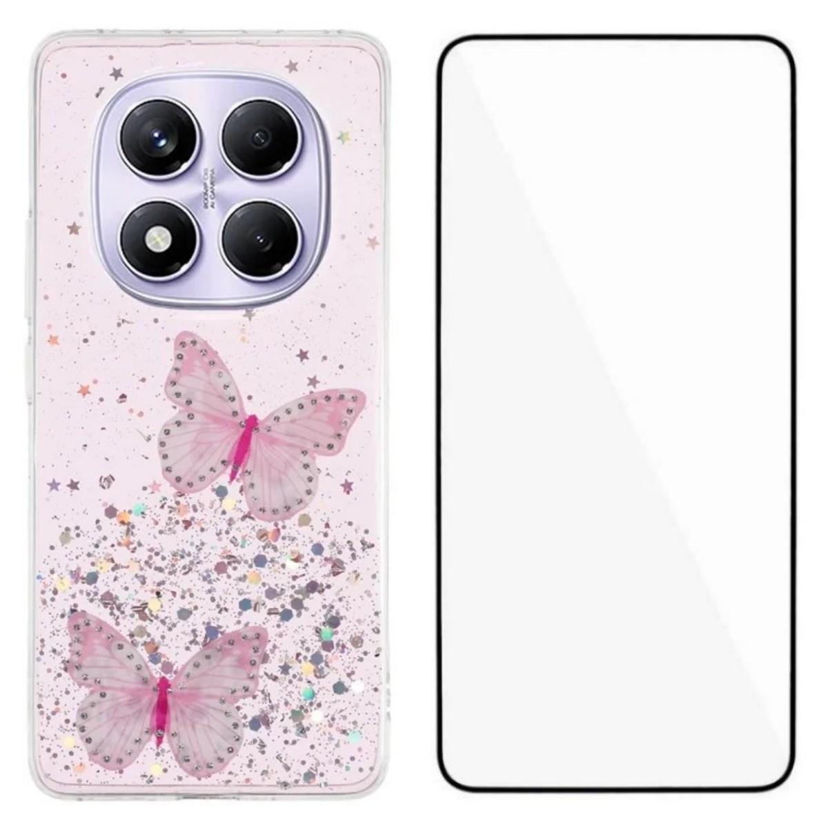 

For Xiaomi Poco X7 5G/Xiaomi Redmi Note 14 Pro 5G TPU Case WANLONFENG AW Series PVC Butterfly Epoxy Phone Cover with HD Film Pink