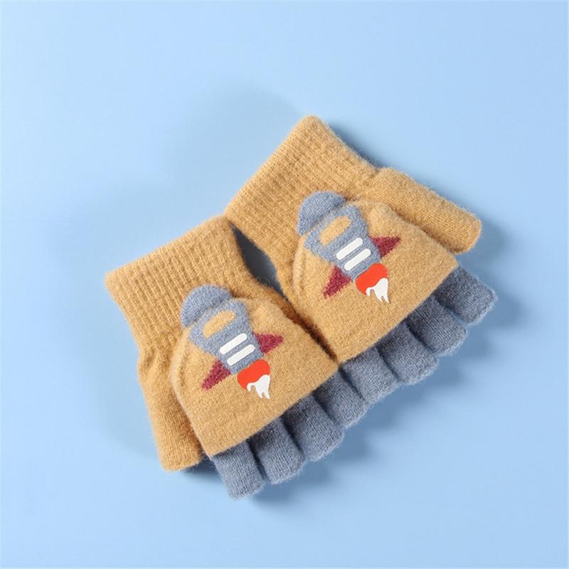 Convertible Gloves Winter Half Finger Mittens Stretchy Knit Fingerless Gloves with Soft Cover for Kids Teens Kawaii