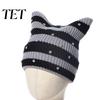 Warm Winter Gift for Her Cat Ear Hat Women Girls, Striped Slouchy Crochet Headgear Retro Style with Shiny Rhinestones, Cute Knitted Cap Fashionable