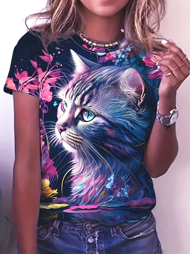 2025 New Summer Women's Black and White Swan Print T-shirt Round Neck Short Sleeve Street Casual Daily Basic Tops