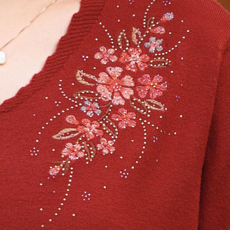 Pastel Women's Floral Embroidered Rhinestone V-Neck Knit Sweater