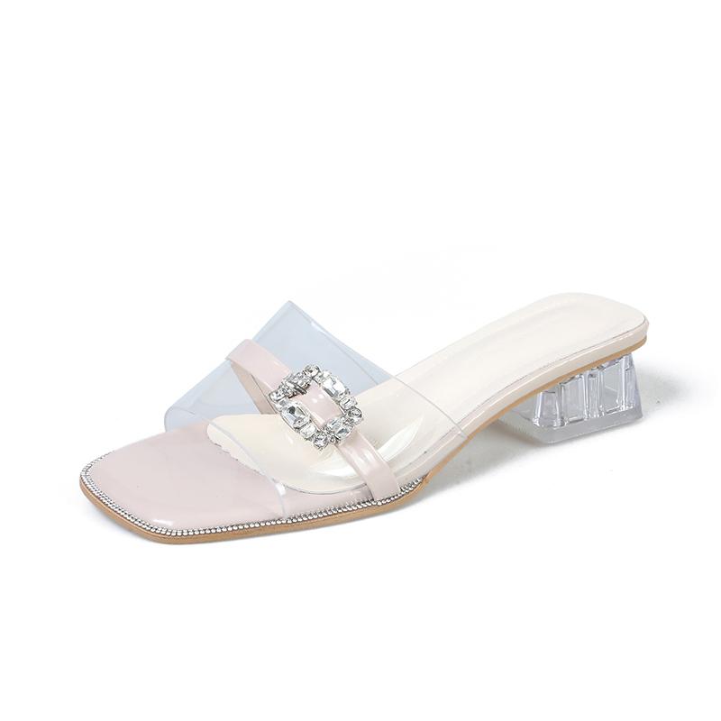 Women's New Summer Wear Rhinestone Open-toe Transparent One-word Cool Drag Square Toe Open-toe Crystal Block Heel Pumps