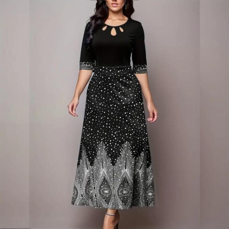 Elegantní dámské šaty s květinovým potiskem na párty a banket, poloviční rukáv, kulatý výstřih, vykrojené oblečení