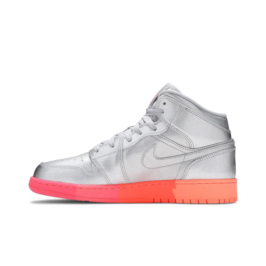 Air Jordan 1 Mid Grade School 'Metallic Silver Pink Crimson' (Unisex) Metallic Silver / Racer Pink / Wolf Grey / Crimson Vintage Basketball Shoes
