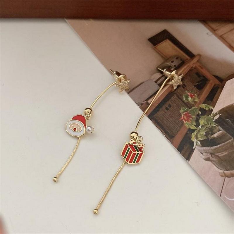 Moving Santa Claus Long Tassel Drop Earrings For Women Fashion Christmas Tree Snowflake Asymmetric Earring New Year Jewelry Gift
