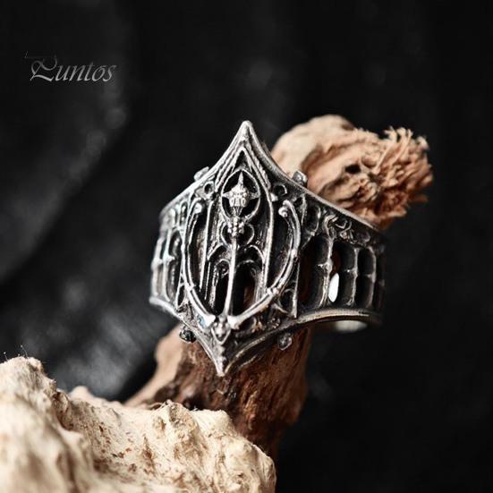 Retro Church Band Vintage Gothic Ring for Men, Hollow Engraved Architecture Statement Metal Finger Band, Dark Style Punk Jewelry Daily Wear Parties